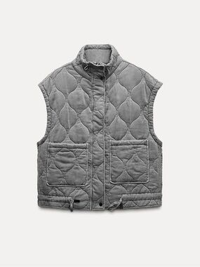 Zara Quilted Gray Cropped Boxy Funnel Neck Vest Jacket Size Small